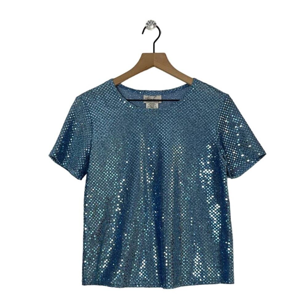 Kathie‎ Lee Vintage Blue Sequin Short Sleeve Top Size Small 80s Party Shimmer